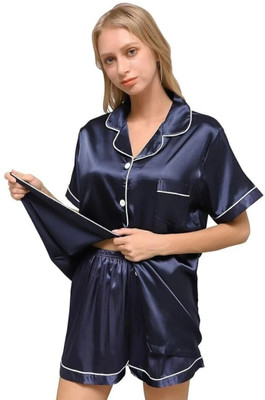 Vd hub Women Solid Dark Blue Night Suit Set