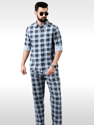 Broon Men Printed Blue Shirt & Pyjama set