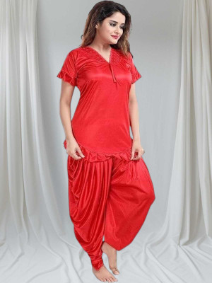 HouseOfCommon Women Solid Red Night Suit Set