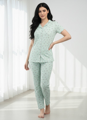 Dollar Missy Women Graphic Print, Solid Green Night Suit Set