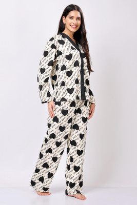 Lugo Women Printed Black, White Night Suit Set