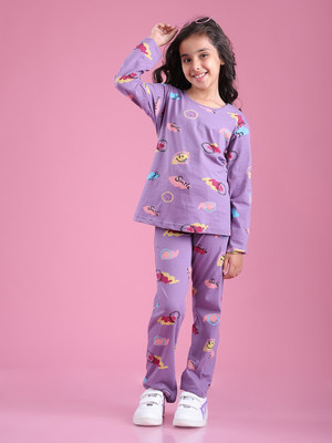 Bloem Kids Nightwear Girls Printed Cotton(Purple Pack of 1)