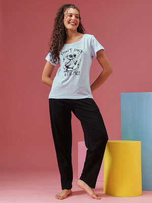 Clovia Women Printed Light Blue, Black Top & Pyjama Set
