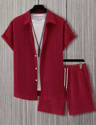UGAMCREATIONS Men Self Design Maroon Night Suit Set