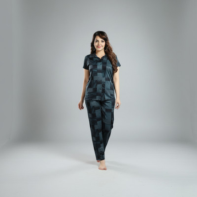 Sleepify Women Checkered, Printed Green Night Suit Set