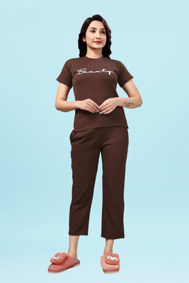 PTELRA Women Printed, Solid Brown Night Suit Set