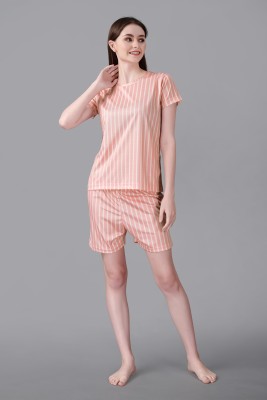 ZOWERO Women Striped Pink Night Suit Set