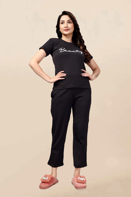 ZEEMBOOLI Women Self Design Black Top & Pyjama Set