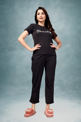 MEEMBOOLI Women Printed Black Top & Pyjama Set