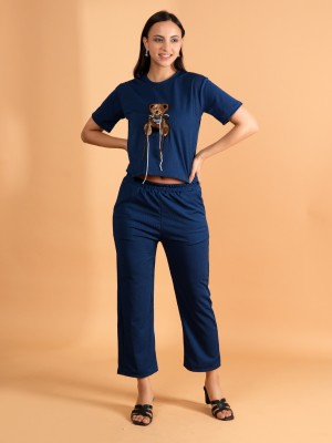 NEYSA Women Solid Dark Blue Top & Pyjama Set