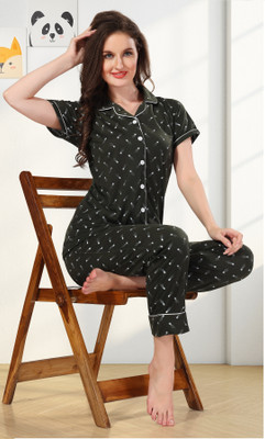 Womenoire Women Graphic Print Dark Green Night Suit Set