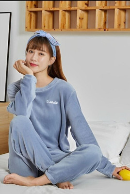 PKF Women Solid Blue Night Suit Set
