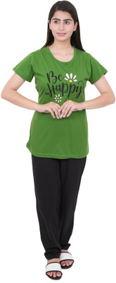 E-MAX Women Printed Green, Black Top & Pyjama Set
