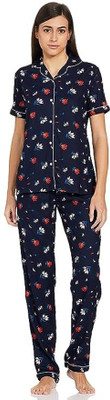 JPHOSIERY Women Floral Print Black Shirt & Pyjama set