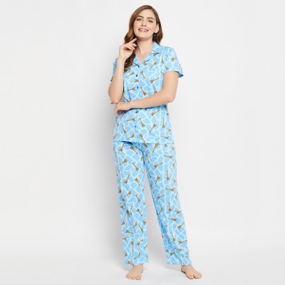 Clovia Women Floral Print Blue Top & Pyjama Set