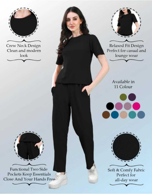 Trade Zone Women Solid Black Top & Pyjama Set