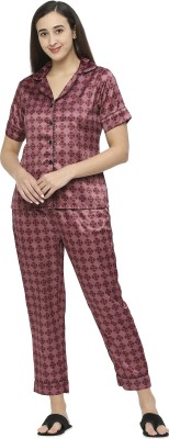 Smarty Pants Women Geometric Print Maroon Night Suit Set
