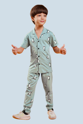 3BROS Boys Printed Green Night Suit Set