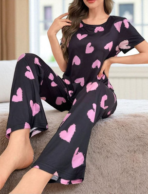 fashion greb Women Printed Black, Pink Top & Pyjama Set