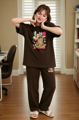 Elvia Women Printed Brown Top & Pyjama Set