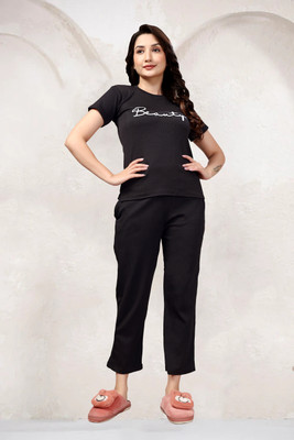 PTELRA Women Self Design Black Night Suit Set