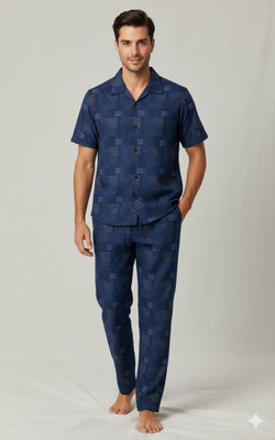 Rockey Men Geometric Print Dark Blue Night Suit Set