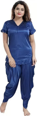 Amyence Women Solid Blue Top & Pyjama Set
