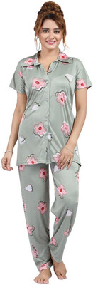 h r creation Women Printed Light Green Night Suit Set