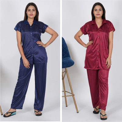 INSTRY Women Solid Blue, Pink Night Suit Set