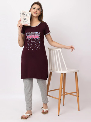 GEE 5 Women Printed Maroon Night Suit Set