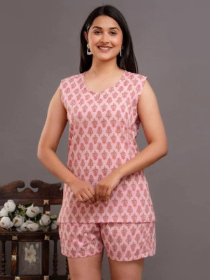 SAYANG Women Printed Pink Top & Shorts Set