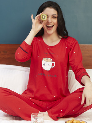 ZEYO Women Printed Red Top & Pyjama Set