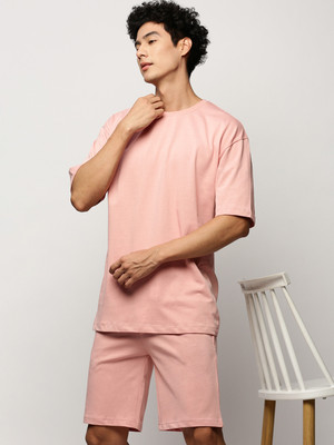 SHOWOFFFF Men Solid Pink Top & Shorts Set