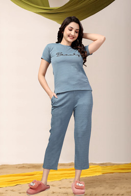 ZEEMBOOLI Women Solid Light Blue Top & Pyjama Set