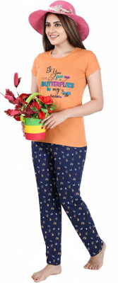 Avzee Women Printed, Floral Print Orange Night Suit Set