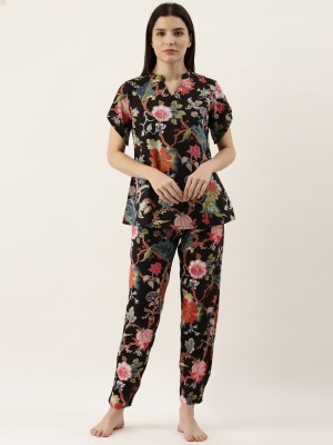 Sanskrutihomes Women Floral Print Black Night Suit Set