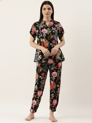 Sanskrutihomes Women Floral Print Black Night Suit Set