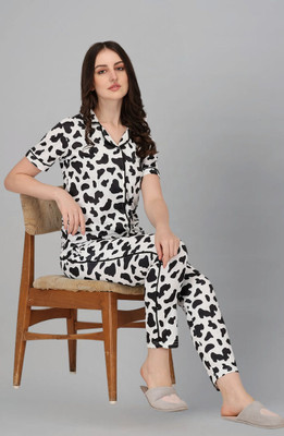 ZIKIGO Women Printed White Shirt & Pyjama set