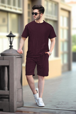 TRIPR Men Solid Maroon Night Suit Set