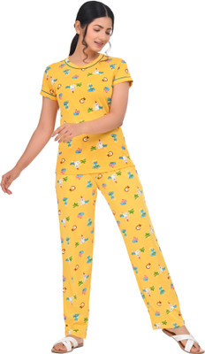 Digsel Cool Cotton Women Printed Yellow Top & Pyjama Set