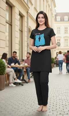 urban trees Women Printed Black Top & Pyjama Set