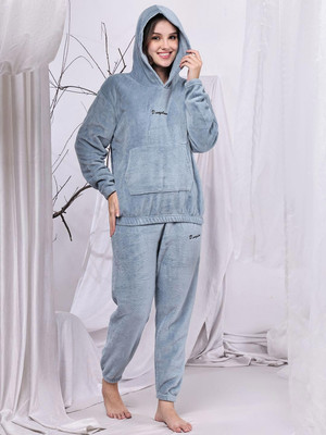 FitIn OutFit Women Solid Blue Night Suit Set