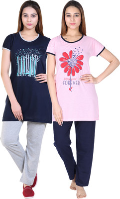 DG Divine GirL Women Printed Pink, Dark Blue, Grey Top & Pyjama Set