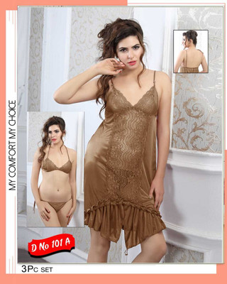 CRAFTWELL Women Solid Brown Night Suit Set