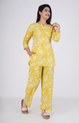 PRADHRUHE Women Printed Yellow Top & Pyjama Set
