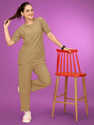 SAKARMAA Women Self Design Brown Top & Pyjama Set