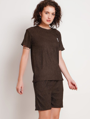 Lugo Women Solid Brown Night Suit Set