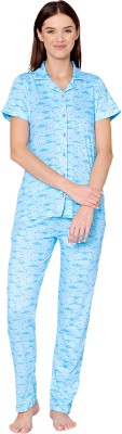 BodyCare Women Graphic Print Light Blue Shirt & Pyjama set