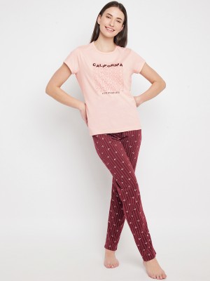 BELLAFINO Women Printed Pink, Maroon Night Suit Set