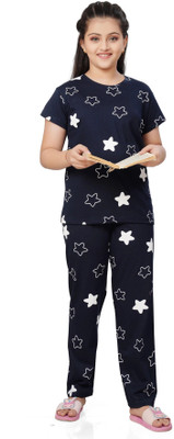 Ninos Dreams Girls Printed Dark Blue Top & Pyjama Set